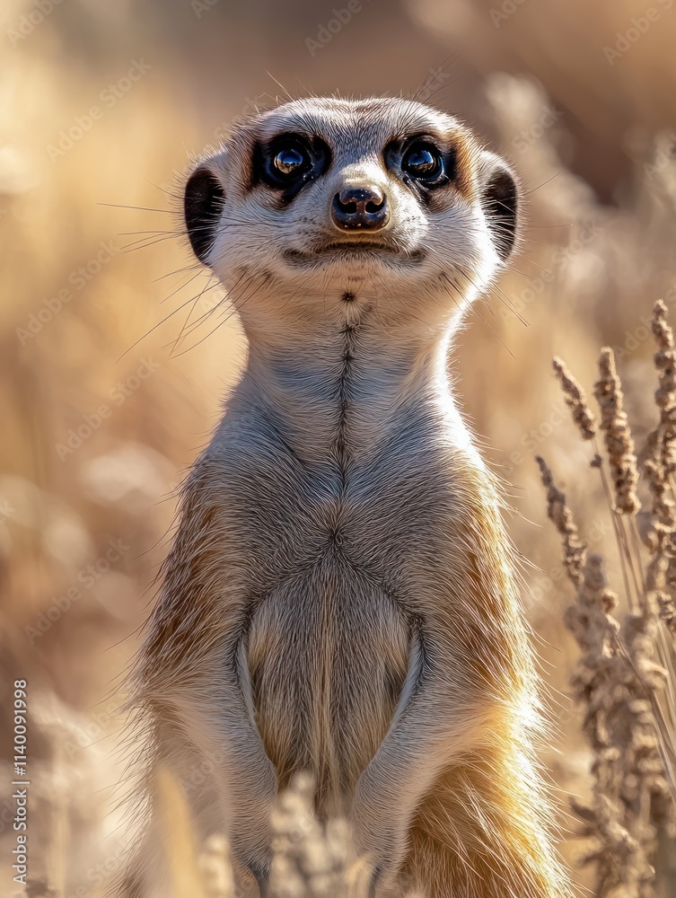 Poster a close-up of a meerkat standing in a grassy field, showcasing its curious expression.
