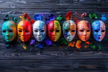 Obraz premium Vibrant masks adorning a dark wooden wall, symbolizing a spectrum of human emotions