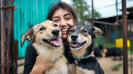 Dog at the shelter. Animal shelter volunteer takes care of dogs