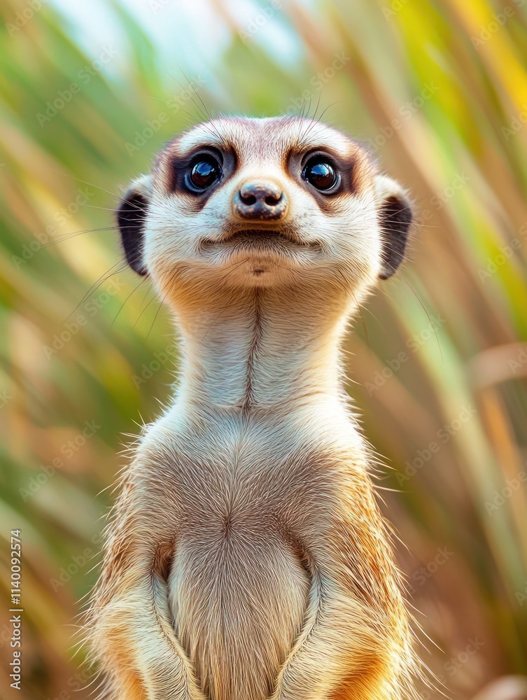 Aufkleber a close-up of a meerkat standing upright in a natural setting with blurred grass in the background.