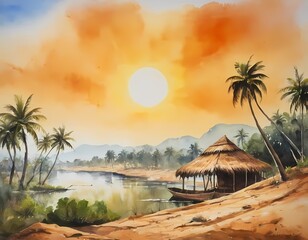 Fototapeta premium Indian Ancient Temple by the River in Watercolor Style, panorama