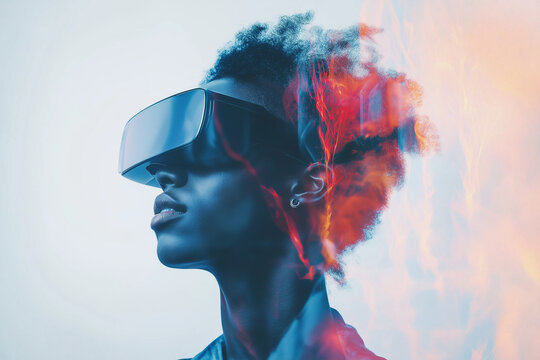 A dynamic double exposure portrait showcases a young Black man immersed in a futuristic cyber neon world, wearing VR glasses that symbolize life in virtual reality.