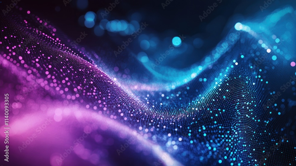 Poster abstract digital waves of vibrant colors and glowing particles.