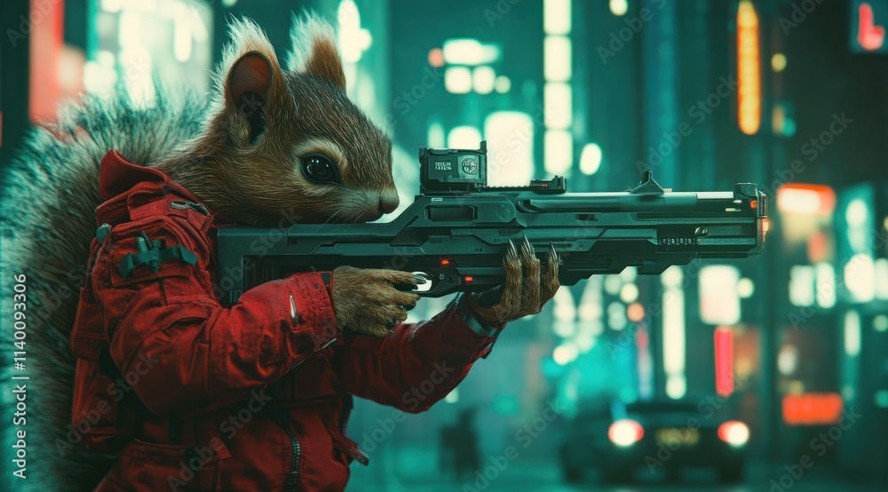 Poster a squirrel in a red jacket aims a futuristic weapon in a neon-lit urban environment.