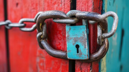 Colorful Lock and Chain on Wooden Surface