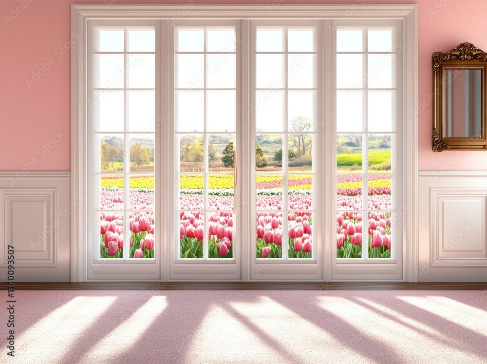 Poster A serene view of tulip fields through large windows in a pastel-colored room.