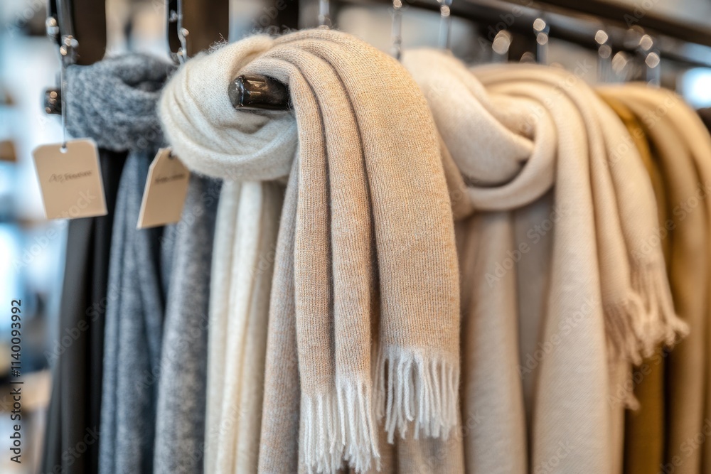 Poster A display of various soft scarves hanging on a rack in a retail setting.