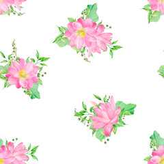 Bouquet of pink flowers framed by green leaves and twigs on seamless pattern. Watercolor digital illustration. Water lily and gypsophila twigs isolated on white background. Botanical illustration