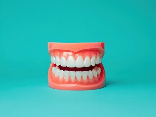 Naklejka premium Dental model displaying fun artificial teeth studio photography colorful background close-up perspective humorous concept