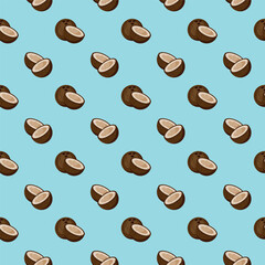 Coconut flat seamless pattern on blue background. Wrapping paper, gift card, poster, banner design. Home decor, modern textile print. Summer bright geometric fruits patterned.