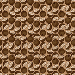 Coconut flat seamless pattern on brown background. Wrapping paper, gift card, poster, banner design. Home decor, modern textile print. Summer bright geometric fruits patterned.