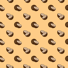 Coconut flat seamless pattern on orange background. Wrapping paper, gift card, poster, banner design. Home decor, modern textile print. Summer bright geometric fruits patterned.