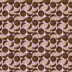 Coconut flat seamless pattern on pink background. Wrapping paper, gift card, poster, banner design. Home decor, modern textile print. Summer bright geometric fruits patterned.