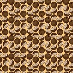 Coconut flat seamless pattern on orange background. Wrapping paper, gift card, poster, banner design. Home decor, modern textile print. Summer bright geometric fruits patterned.