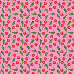 Cherry flat seamless pattern on pink background. Wrapping paper, gift card, poster, banner design. Home decor, modern textile print. Summer bright geometric fruits patterned.