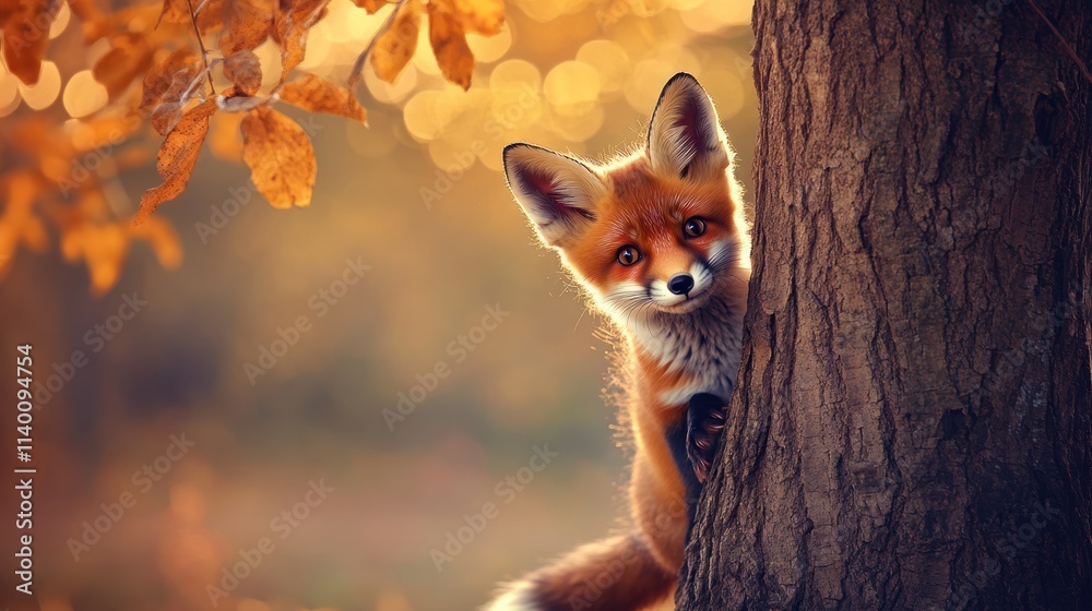 Poster a curious fox peeks from behind a tree in a vibrant autumn setting.