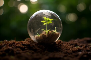 Glass sphere protecting a small plant growing in earth with a blurred green background,...