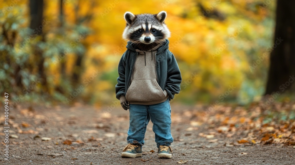 Poster a whimsical scene of a child with a raccoon head in a forest during autumn.