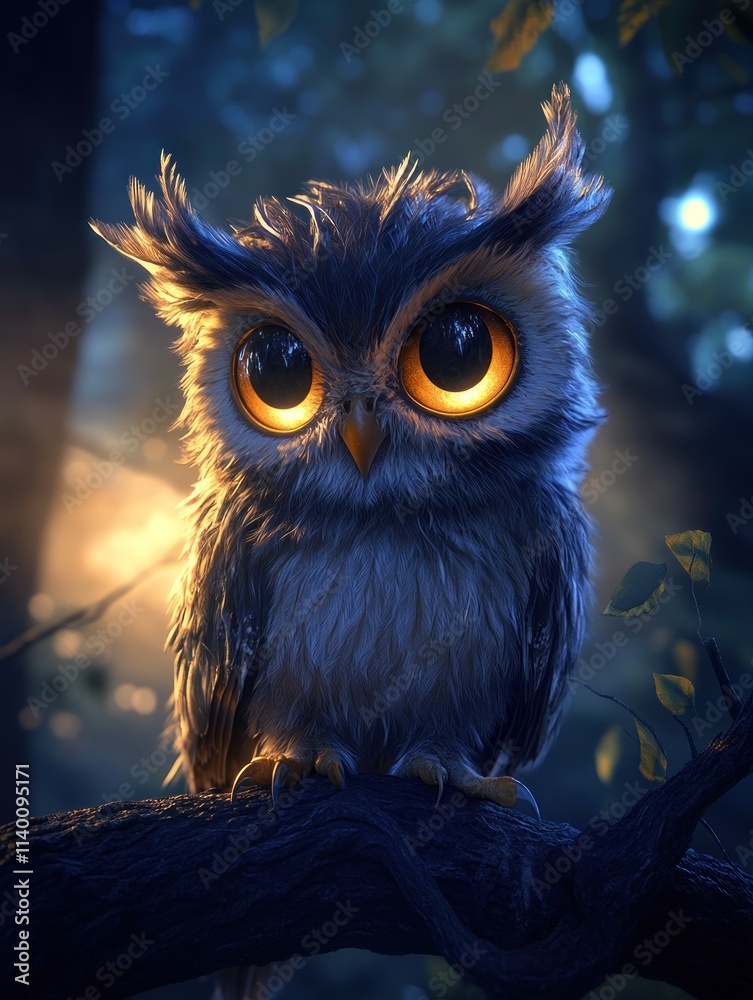 Poster a whimsical owl with large, glowing eyes perched on a branch in a forest setting.