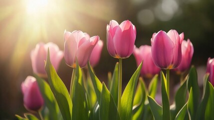 Pink tulips bathed in warm sunlight garden flowers
