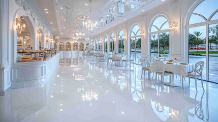 Elegant Bakery Interior  Breakfast Tables  Large Windows  White Decor