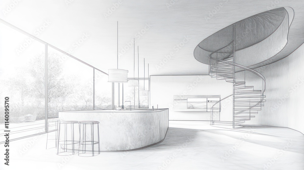 Poster a minimalistic interior featuring a spiral staircase and a curved ceiling design.
