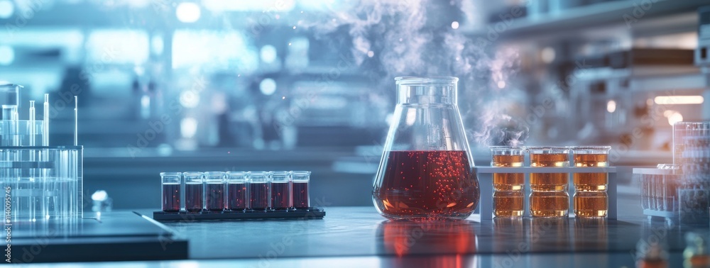 Aufkleber a laboratory scene with glassware containing colorful liquids and steam.