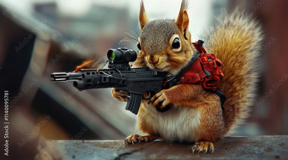 Aufkleber a squirrel armed with a toy gun and gear, creating a humorous and whimsical scene.