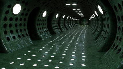 Naklejka premium Futuristic Dark Green Tunnel Sci Fi Corridor Abstract Architecture 3D Render