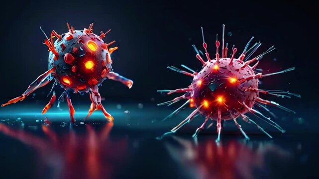 Nanobot attacking cancer cell, nanotechnology medical concept, 3D illustration. Nano sized robots developed to treat cancer, 4k High-Quality Wallpaper Background Animation Video