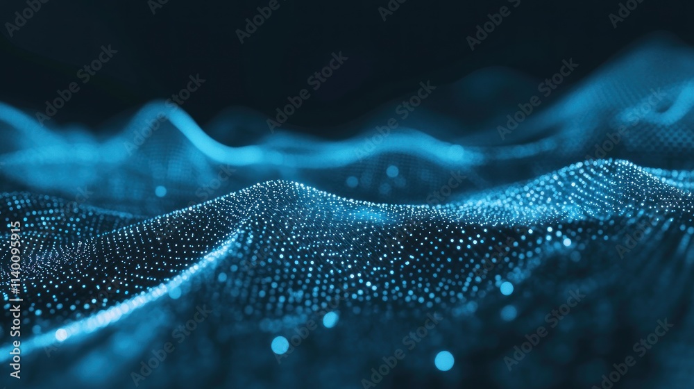 Poster Abstract visualization of flowing blue waves with glowing particles.