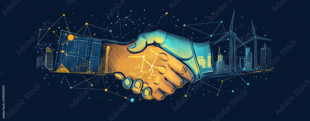 Poster a handshake symbolizes collaboration and innovation in technology and sustainable development.