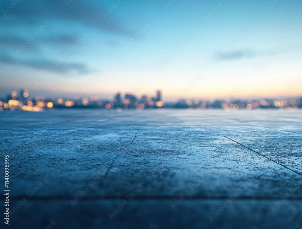 Poster a blurred cityscape at dusk with a focus on a textured foreground.