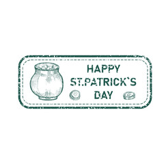 Happy St Patrick's day grunge retro rubber stamp with pot of coins. Vector element