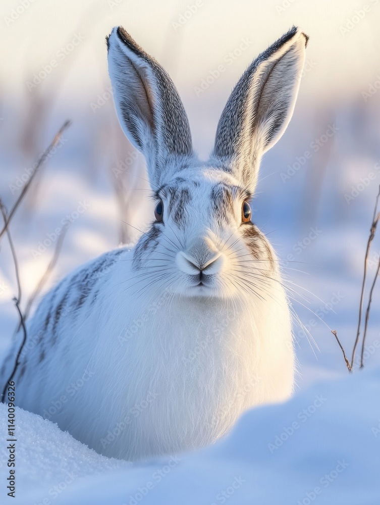 Poster a close-up of a snow-covered rabbit in a serene winter landscape.