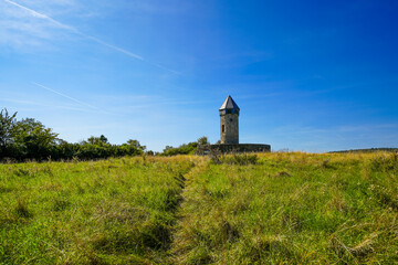 View of the Hellenwarte near Fritzlar. Old watchtower in Hesse with the surrounding landscape.
