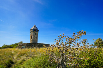 View of the Hellenwarte near Fritzlar. Old watchtower in Hesse with the surrounding landscape.
