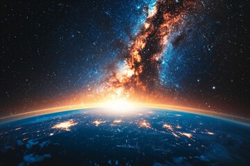 Fototapeta premium Stunning panoramic view of earth from space showcasing glowing city lights and light clouds