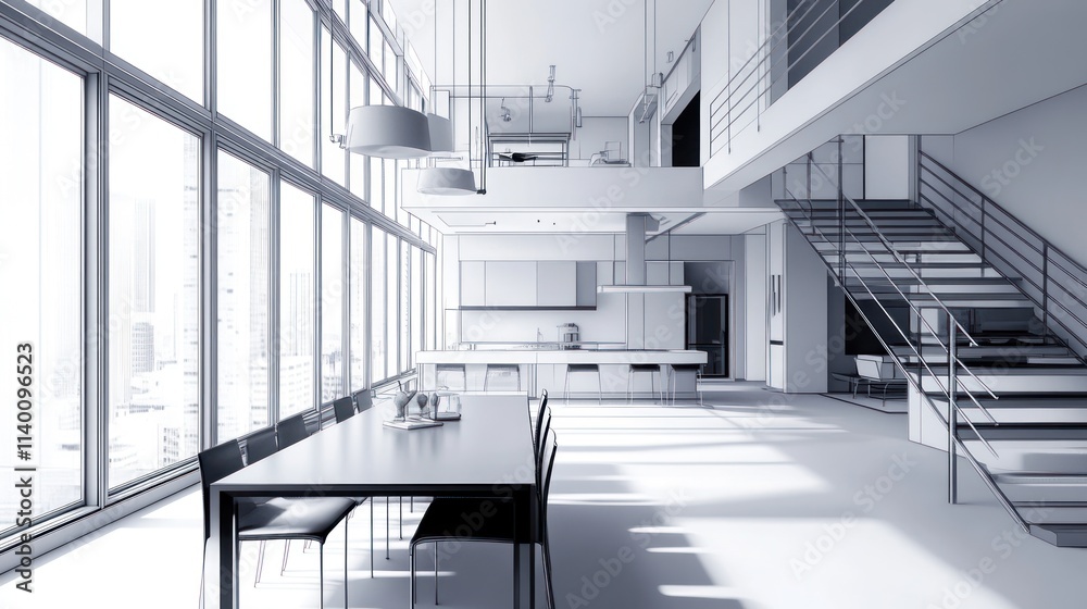 Poster modern open-concept living space with large windows and minimalist design.