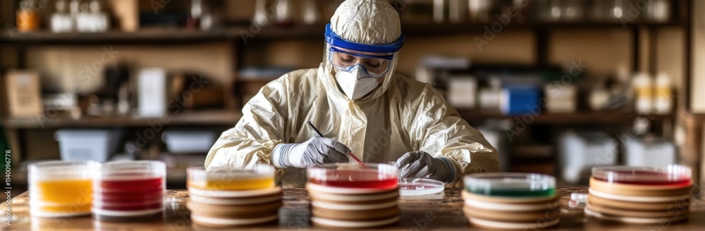 Aufkleber a scientist in protective gear conducts experiments with petri dishes in a lab setting.