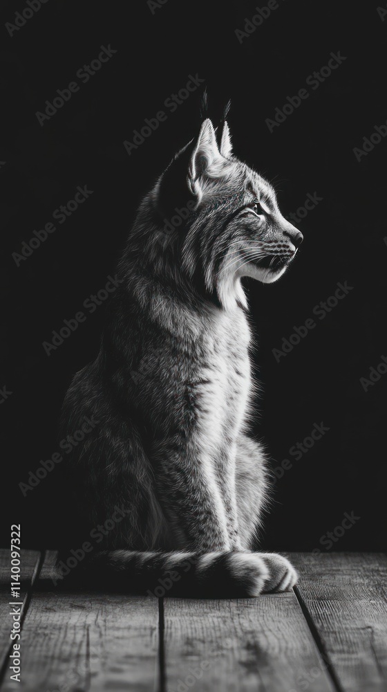 Poster a monochrome profile of a lynx, showcasing its elegant features against a dark background.