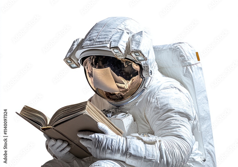 Poster An astronaut reading a book, symbolizing exploration and knowledge in space.