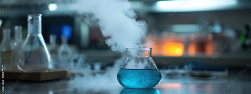 Aufkleber A laboratory scene featuring a bubbling blue liquid in a flask with steam rising.