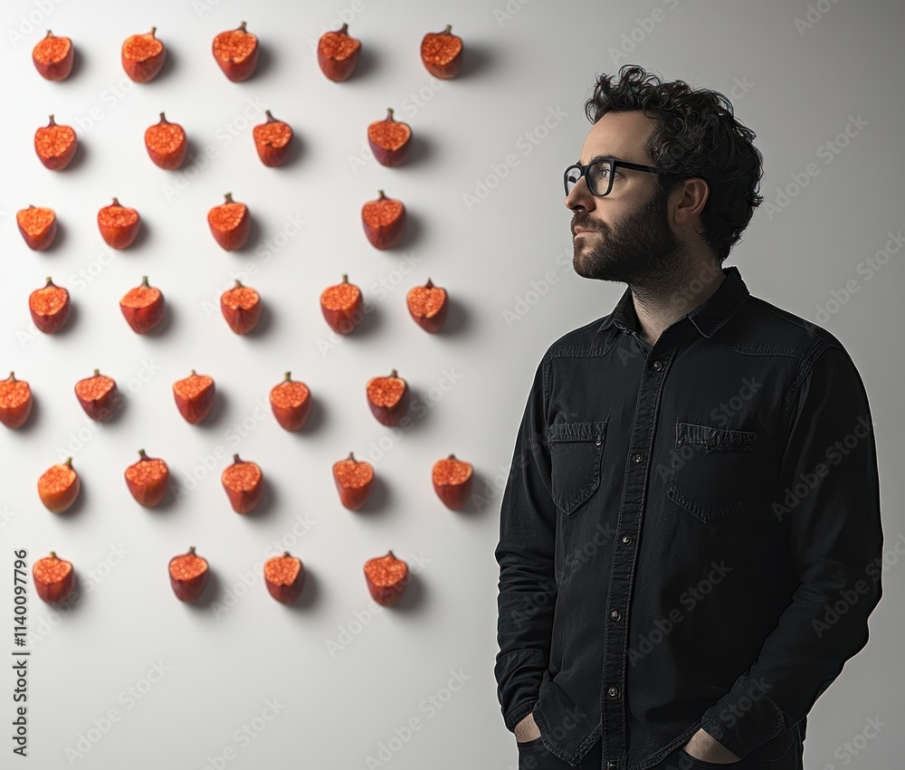 Poster a man stands beside a wall adorned with orange pumpkins, creating a whimsical atmosphere.