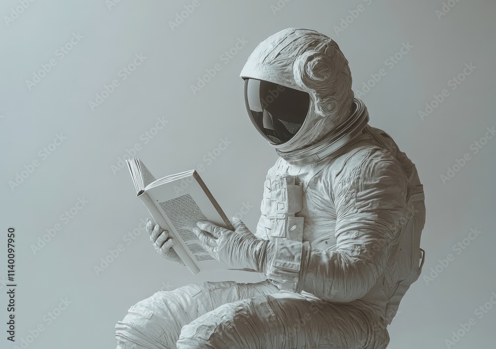 Aufkleber an astronaut in a spacesuit reading a book, blending science with leisure.
