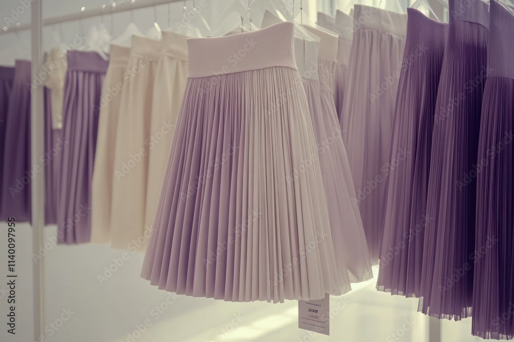 Poster a display of pleated skirts in soft pastel colors hanging on a rack.