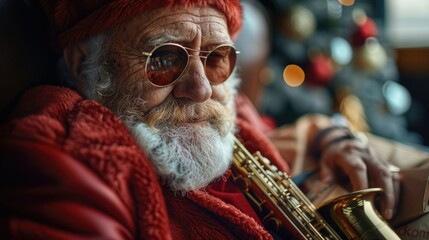 Obraz premium A festive elderly man in a red outfit playing a saxophone, surrounded by holiday decorations.