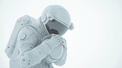 An astronaut in a white suit cradles a helmet against a minimalistic background.