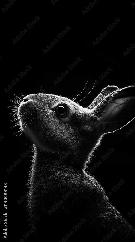Poster a monochromatic profile of a rabbit against a black background, capturing its features elegantly.