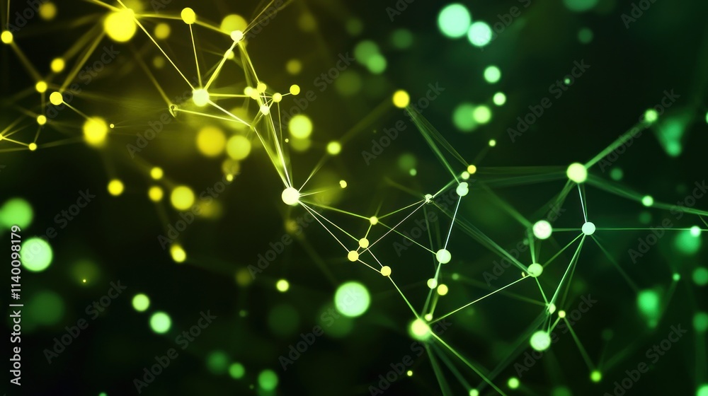 Poster abstract digital illustration of interconnected nodes and lines in green and yellow hues.